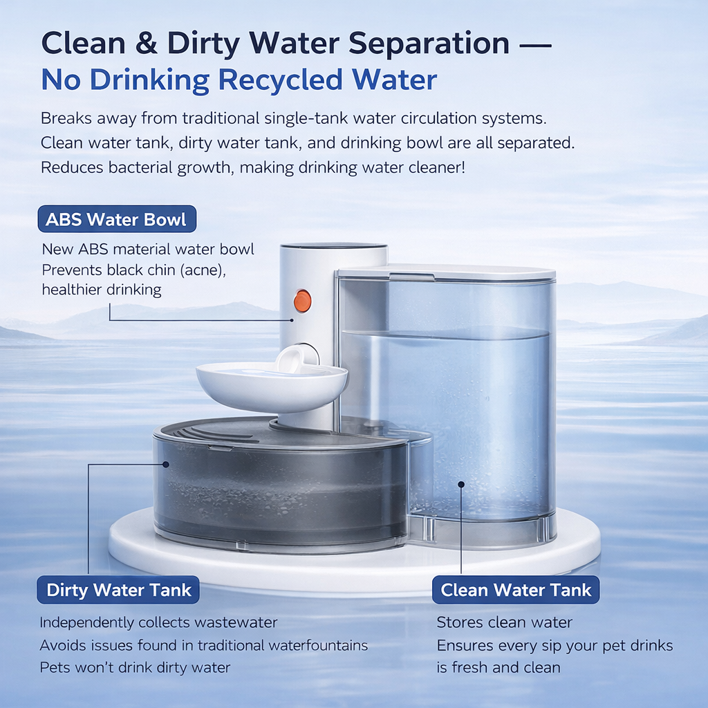 Smart Self-Refill Pet Water Fountain | No Filter | 3L Large Capacity | Wireless 2000mAh | Clean & Dirty Water Separation