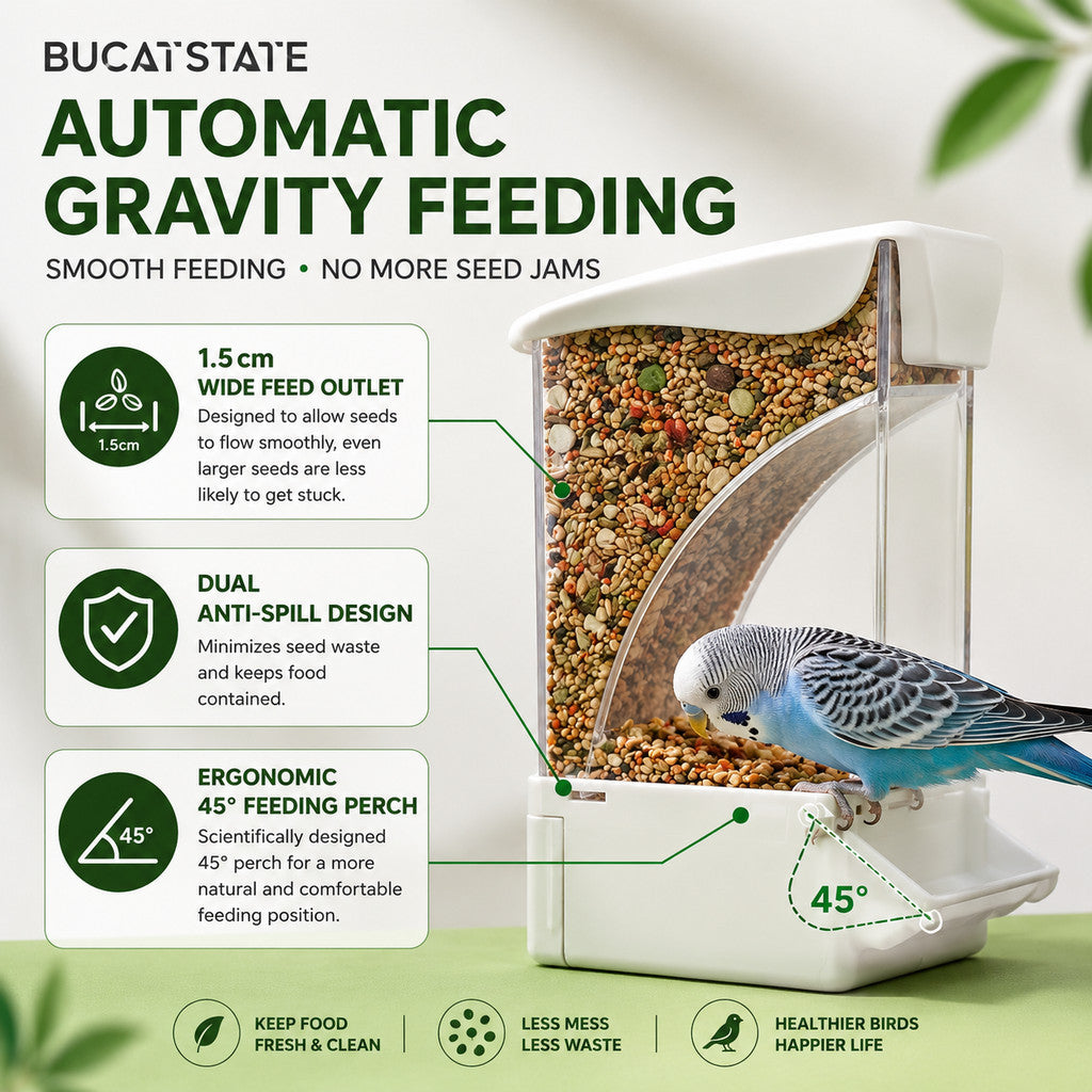 BUCATSTATE Premium Automatic Bird Feeder | Gravity Feeding | Seed Hull Catcher | Budgie Cockatiel Lovebird
