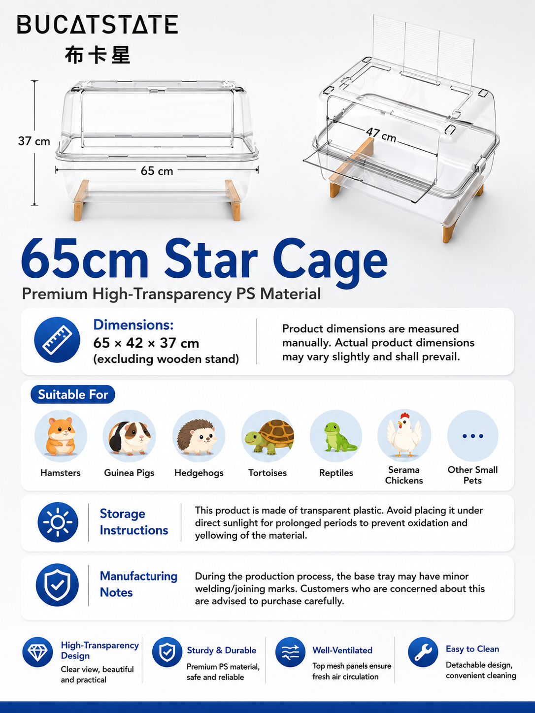 BUCATSTATE 65 Starry Sky Transparent Hamster Cage | Clear View Small Pet Habitat 65x42x43cm