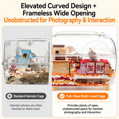 TIYES Transparent Hamster Cage 66cm | Elevated Full-View Cage with Magnetic Opening Door and Level Platform