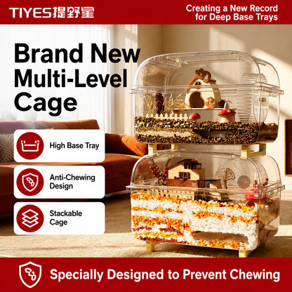 TIYES Transparent Hamster Cage 66cm | Elevated Full-View Cage with Magnetic Opening Door and Level Platform