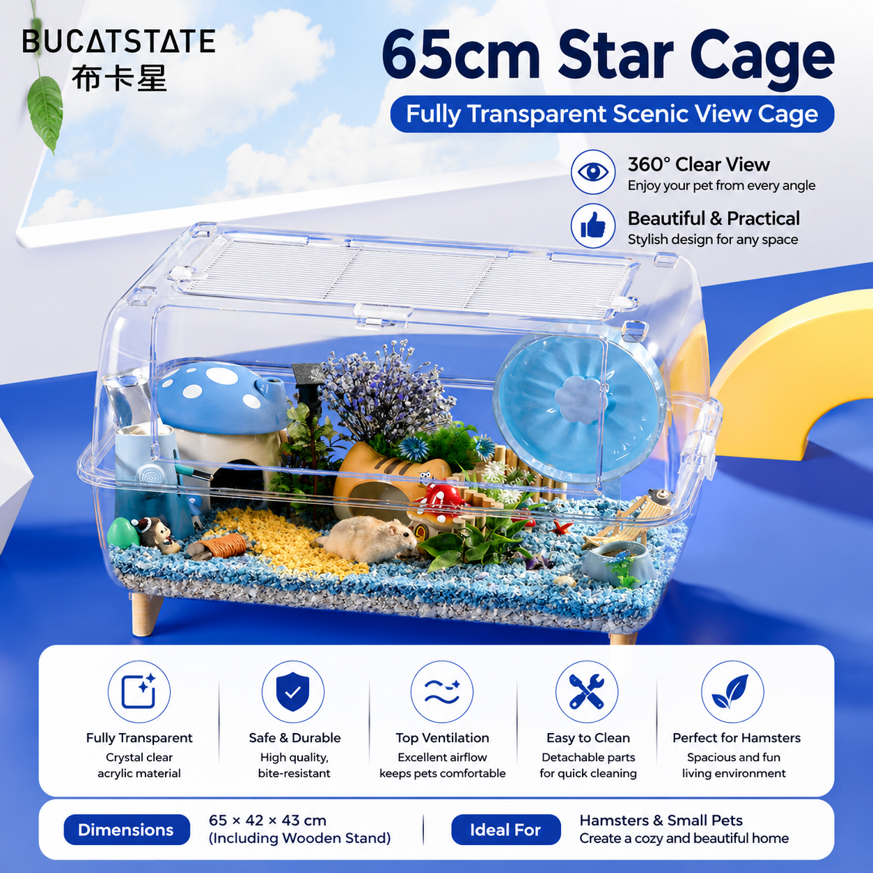 BUCATSTATE 65 Starry Sky Transparent Hamster Cage | Clear View Small Pet Habitat 65x42x43cm