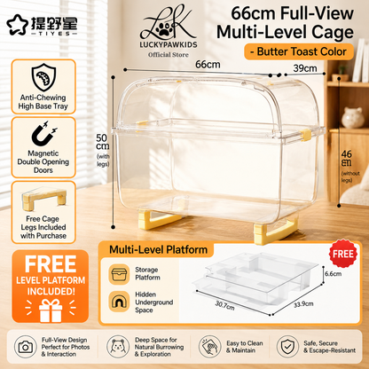 TIYES Transparent Hamster Cage 66cm | Elevated Full-View Cage with Magnetic Opening Door and Level Platform