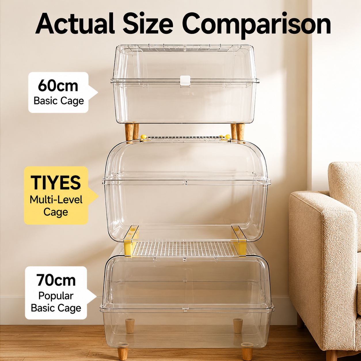 TIYES Transparent Hamster Cage 66cm | Elevated Full-View Cage with Magnetic Opening Door and Level Platform