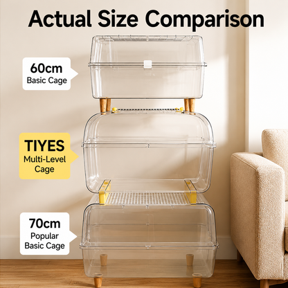TIYES Transparent Hamster Cage 66cm | Elevated Full-View Cage with Magnetic Opening Door and Level Platform