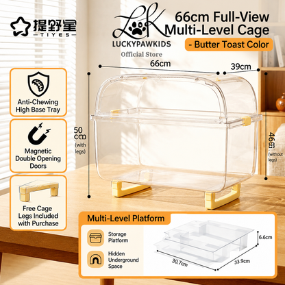 TIYES Transparent Hamster Cage 66cm | Elevated Full-View Cage with Magnetic Opening Door and Level Platform