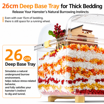 TIYES Transparent Hamster Cage 66cm | Elevated Full-View Cage with Magnetic Opening Door and Level Platform