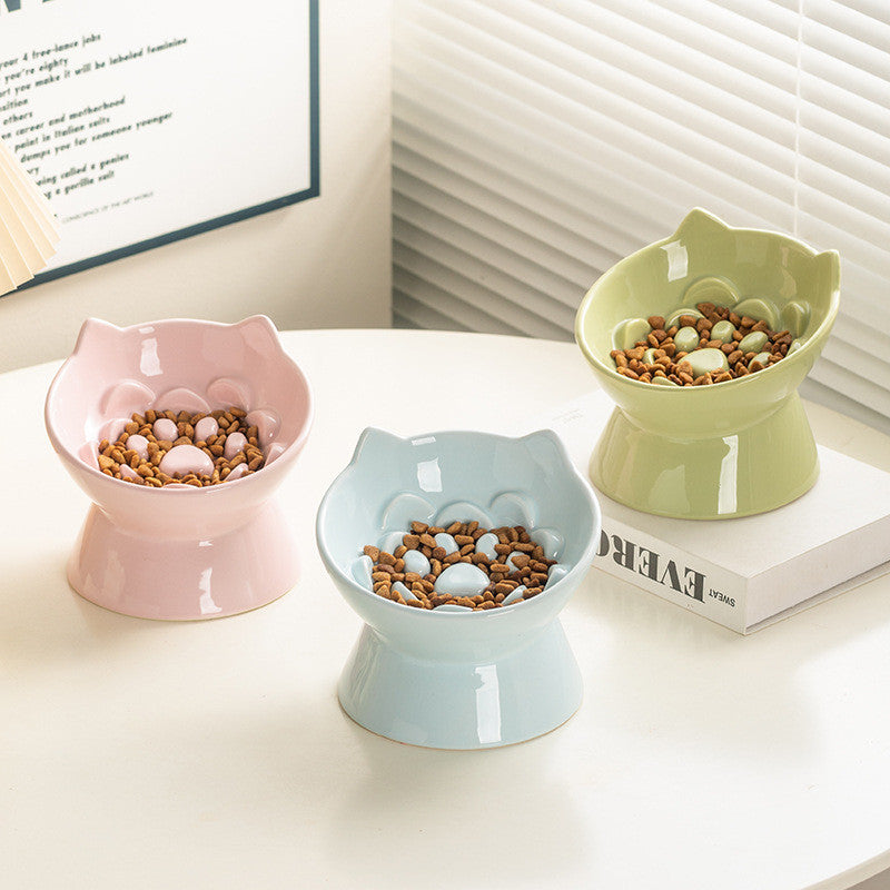 Ceramic Cat Bowl High Feet Slow Feeding Anti-Choking Neck Protection Anti-Knockover Oblique Mouth Pet Dog Bowl