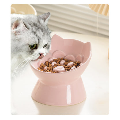 Ceramic Cat Bowl High Feet Slow Feeding Anti-Choking Neck Protection Anti-Knockover Oblique Mouth Pet Dog Bowl