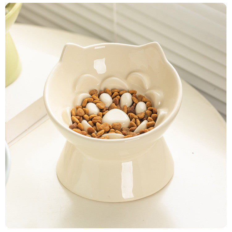 Ceramic Cat Bowl High Feet Slow Feeding Anti-Choking Neck Protection Anti-Knockover Oblique Mouth Pet Dog Bowl