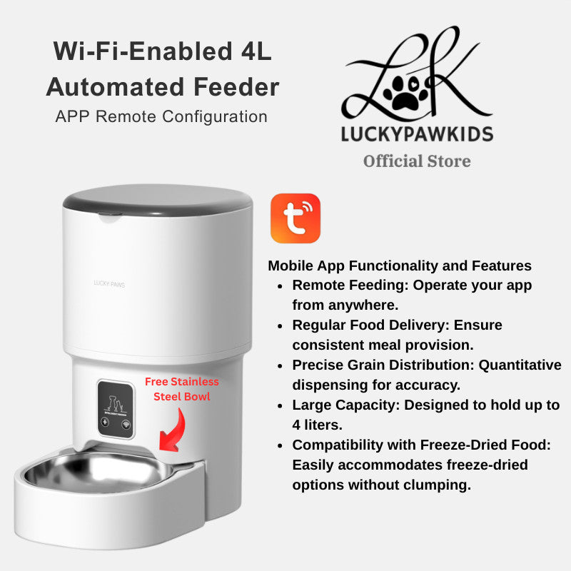 Automatic Pet Cat, Dog Feeder 4L Tuya APP Remote WIFI Stainless Steel Bowl + 5V USB Water Dispenser