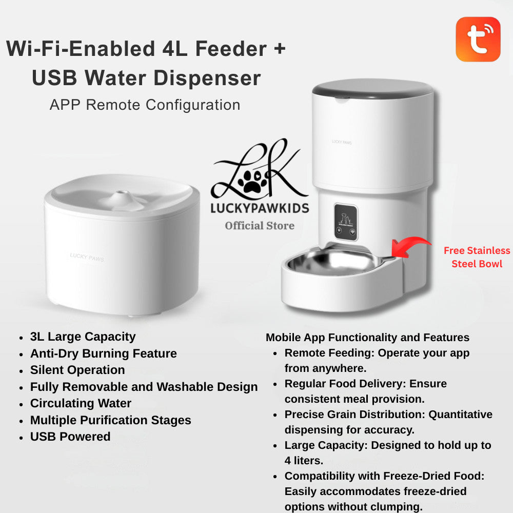 Automatic Pet Cat, Dog Feeder 4L Tuya APP Remote WIFI Stainless Steel Bowl + 5V USB Water Dispenser