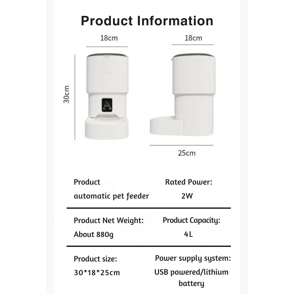 Automatic Pet Cat, Dog Feeder 4L Tuya APP Remote WIFI Stainless Steel Bowl + 5V USB Water Dispenser