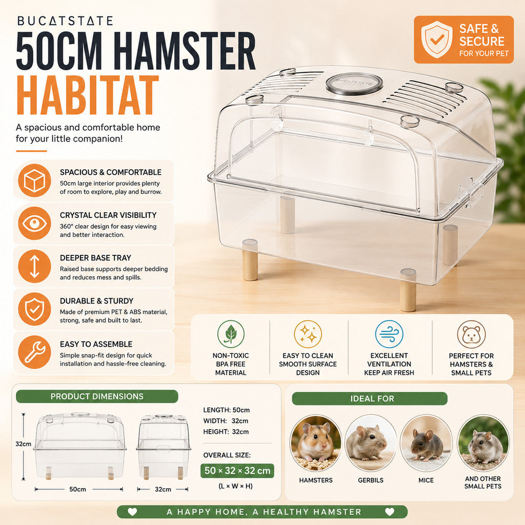 BUCATSTATE 50cm Premium Hamster Habitat | Crystal Clear Enclosure | Front Opening Design | Space-Saving Stackable Cage