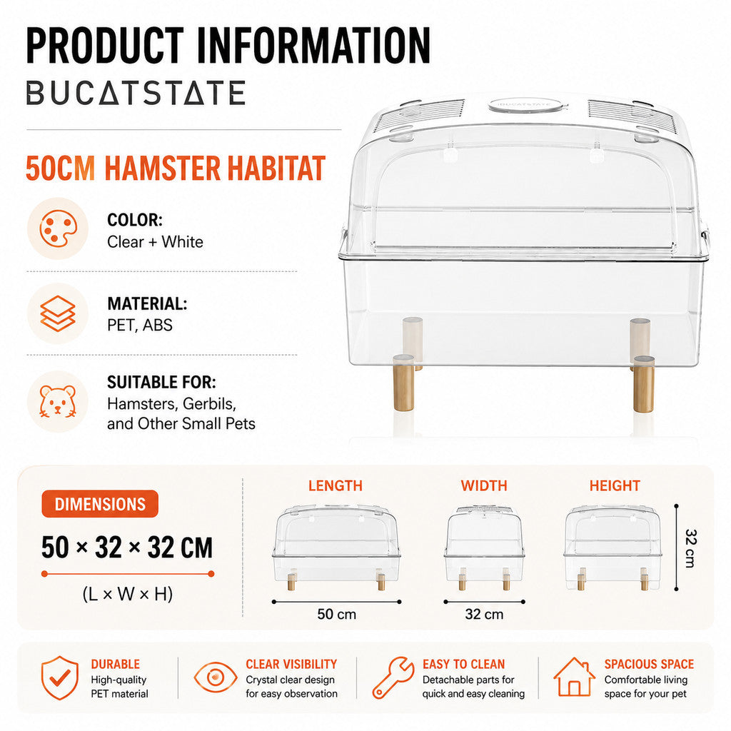 BUCATSTATE 50cm Premium Hamster Habitat | Crystal Clear Enclosure | Front Opening Design | Space-Saving Stackable Cage