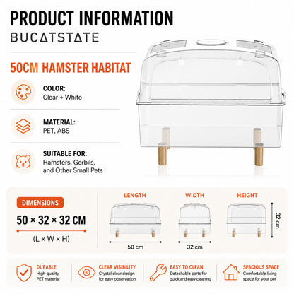 BUCATSTATE 50cm Premium Hamster Habitat | Crystal Clear Enclosure | Front Opening Design | Space-Saving Stackable Cage