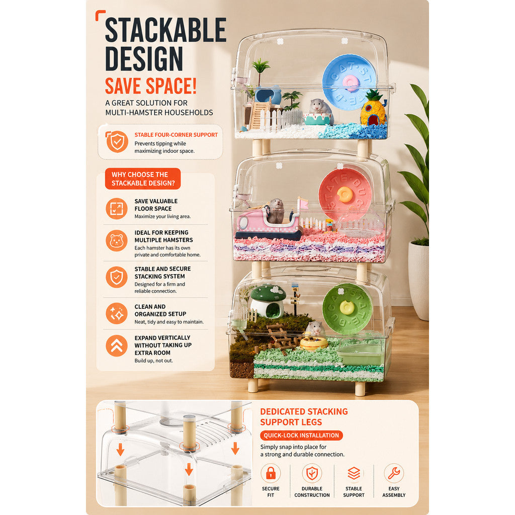 BUCATSTATE 50cm Premium Hamster Habitat | Crystal Clear Enclosure | Front Opening Design | Space-Saving Stackable Cage