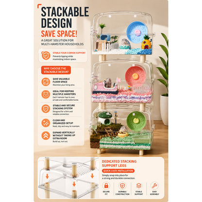 BUCATSTATE 50cm Premium Hamster Habitat | Crystal Clear Enclosure | Front Opening Design | Space-Saving Stackable Cage