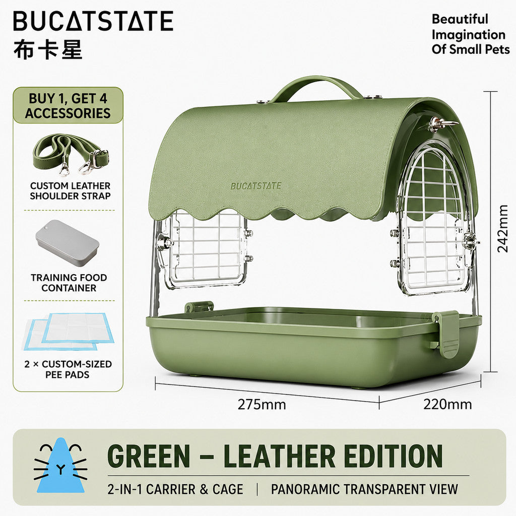 BUCATSTATE Portable Bird & Small Pet Carrier Cage – Green Leather Edition | Transparent Travel Cage