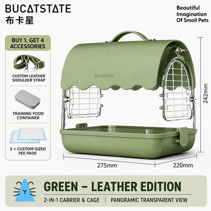 BUCATSTATE Portable Bird & Small Pet Carrier Cage – Green Leather Edition | Transparent Travel Cage