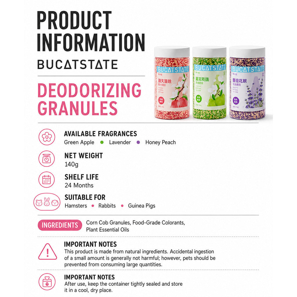 BUCATSTATE Small Pet Deodorizing Granules 140g – Long-Lasting Odor Control for Hamsters, Rabbits & Guinea Pigs