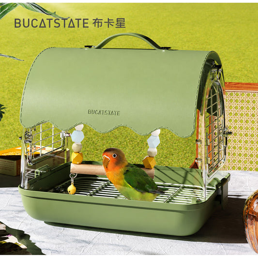 BUCATSTATE Portable Bird & Small Pet Carrier Cage – Green Leather Edition | Transparent Travel Cage