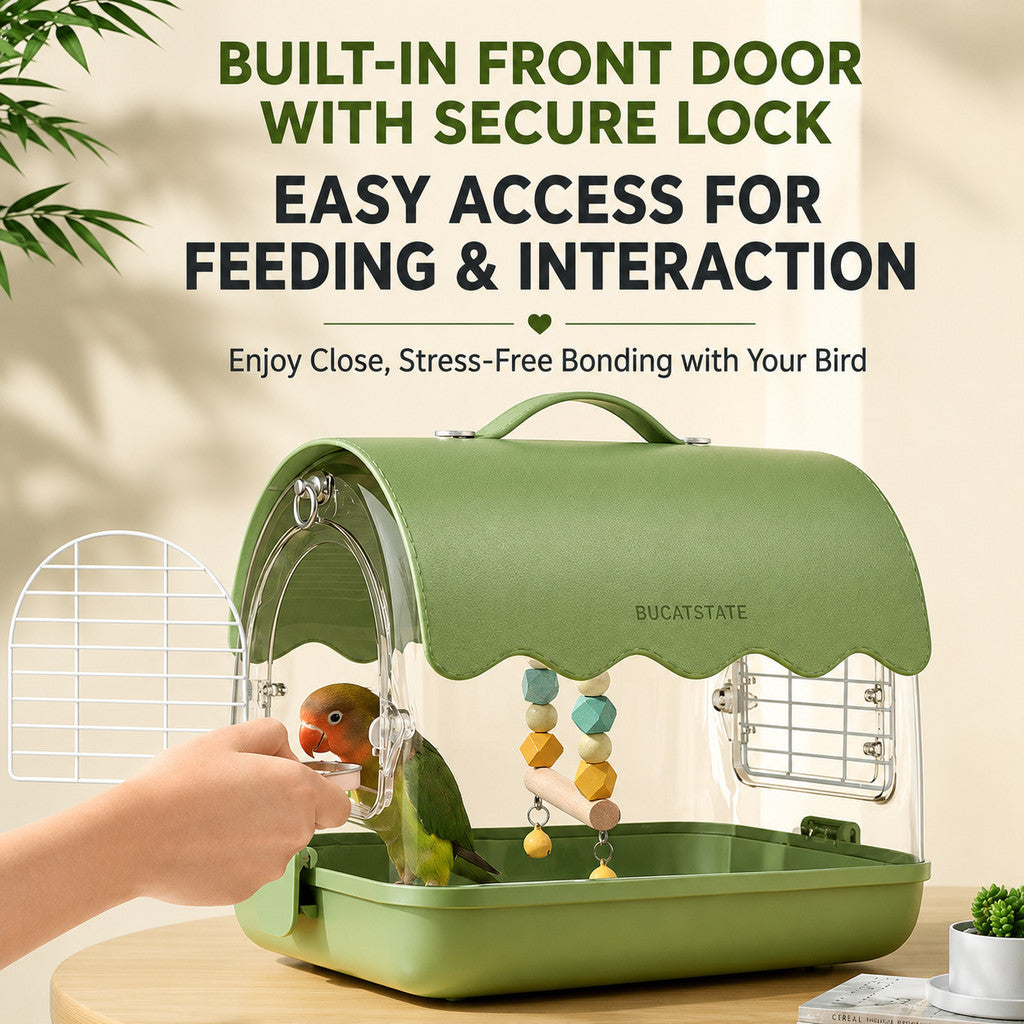 BUCATSTATE Portable Bird & Small Pet Carrier Cage – Green Leather Edition | Transparent Travel Cage