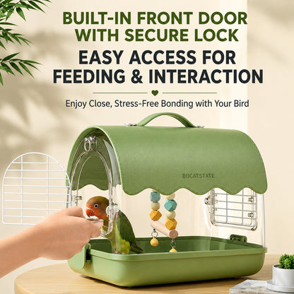 BUCATSTATE Portable Bird & Small Pet Carrier Cage – Green Leather Edition | Transparent Travel Cage