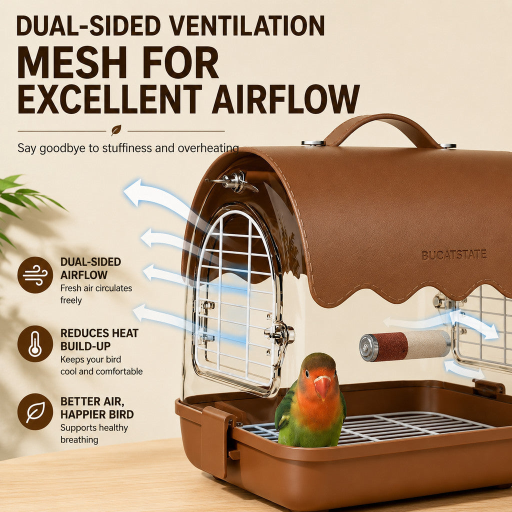 BUCATSTATE Portable Bird & Small Pet Carrier Cage – Green Leather Edition | Transparent Travel Cage