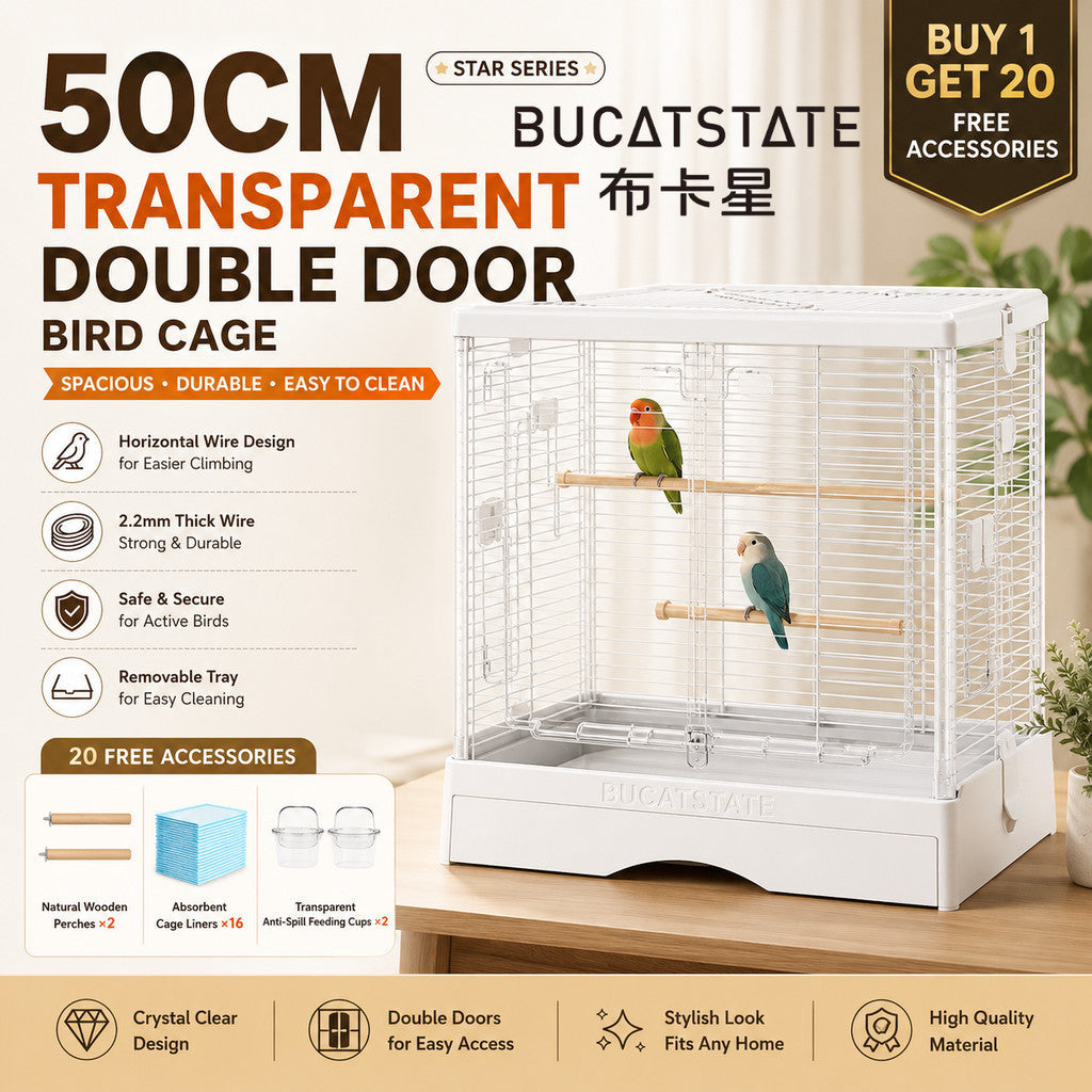 BUCATSTATE 50cm Premium Acrylic Bird Cage | Large Double Front Doors | Pull-Out Easy-Clean Tray | Clear View Habitat