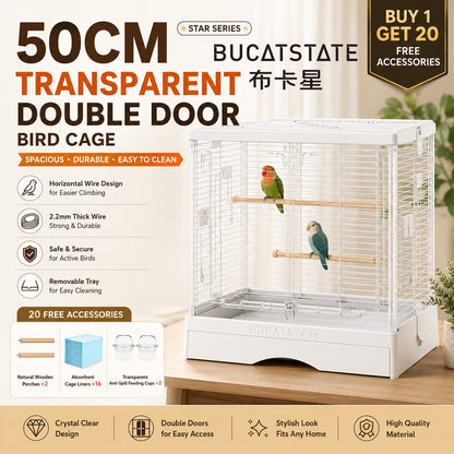 BUCATSTATE 50cm Premium Acrylic Bird Cage | Large Double Front Doors | Pull-Out Easy-Clean Tray | Clear View Habitat