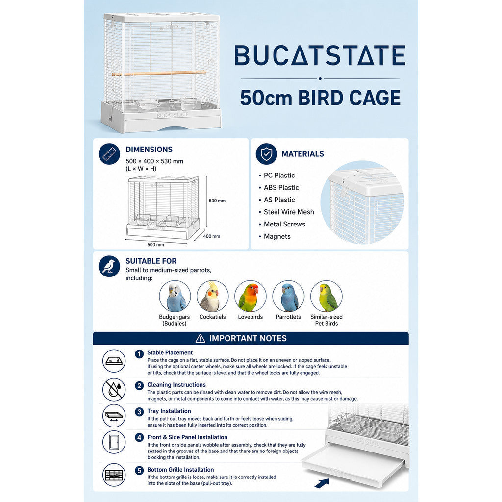 BUCATSTATE 50cm Premium Acrylic Bird Cage | Large Double Front Doors | Pull-Out Easy-Clean Tray | Clear View Habitat