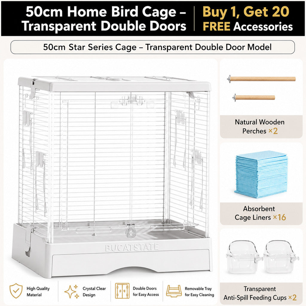 BUCATSTATE 50cm Premium Acrylic Bird Cage | Large Double Front Doors | Pull-Out Easy-Clean Tray | Clear View Habitat