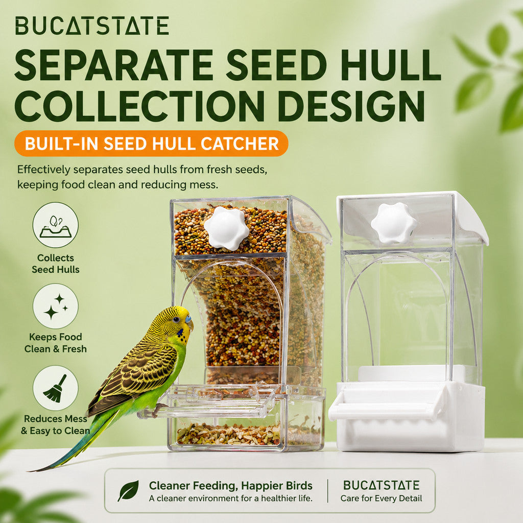 BUCATSTATE Premium Automatic Bird Feeder | Gravity Feeding | Seed Hull Catcher | Budgie Cockatiel Lovebird