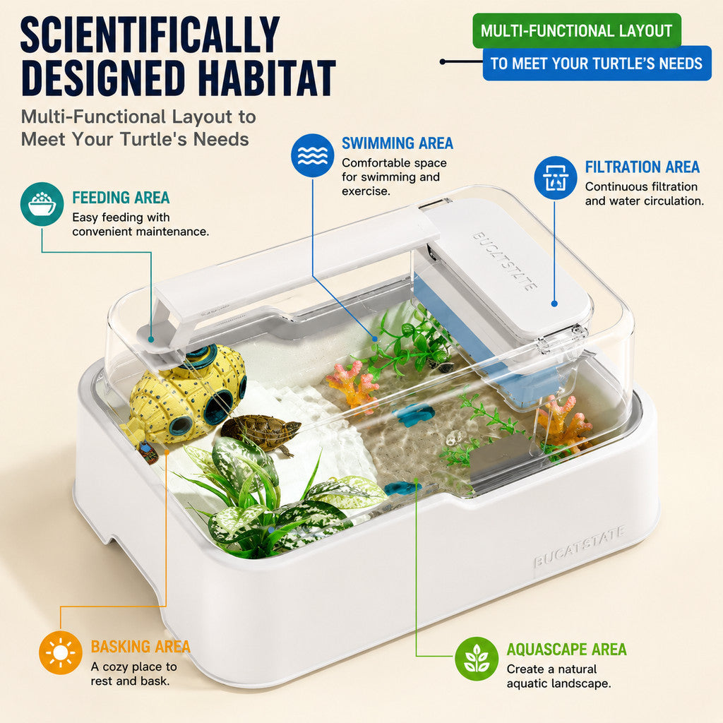 BUCATSTATE Turtle Habitat Tank with Built-in Filtration System Basking Platform & Clear Cover–Leak-Proof Turtle Aquarium