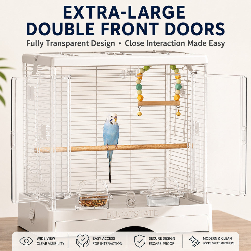 BUCATSTATE 50cm Premium Acrylic Bird Cage | Large Double Front Doors | Pull-Out Easy-Clean Tray | Clear View Habitat