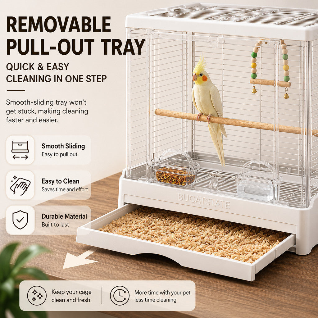 BUCATSTATE 50cm Premium Acrylic Bird Cage | Large Double Front Doors | Pull-Out Easy-Clean Tray | Clear View Habitat