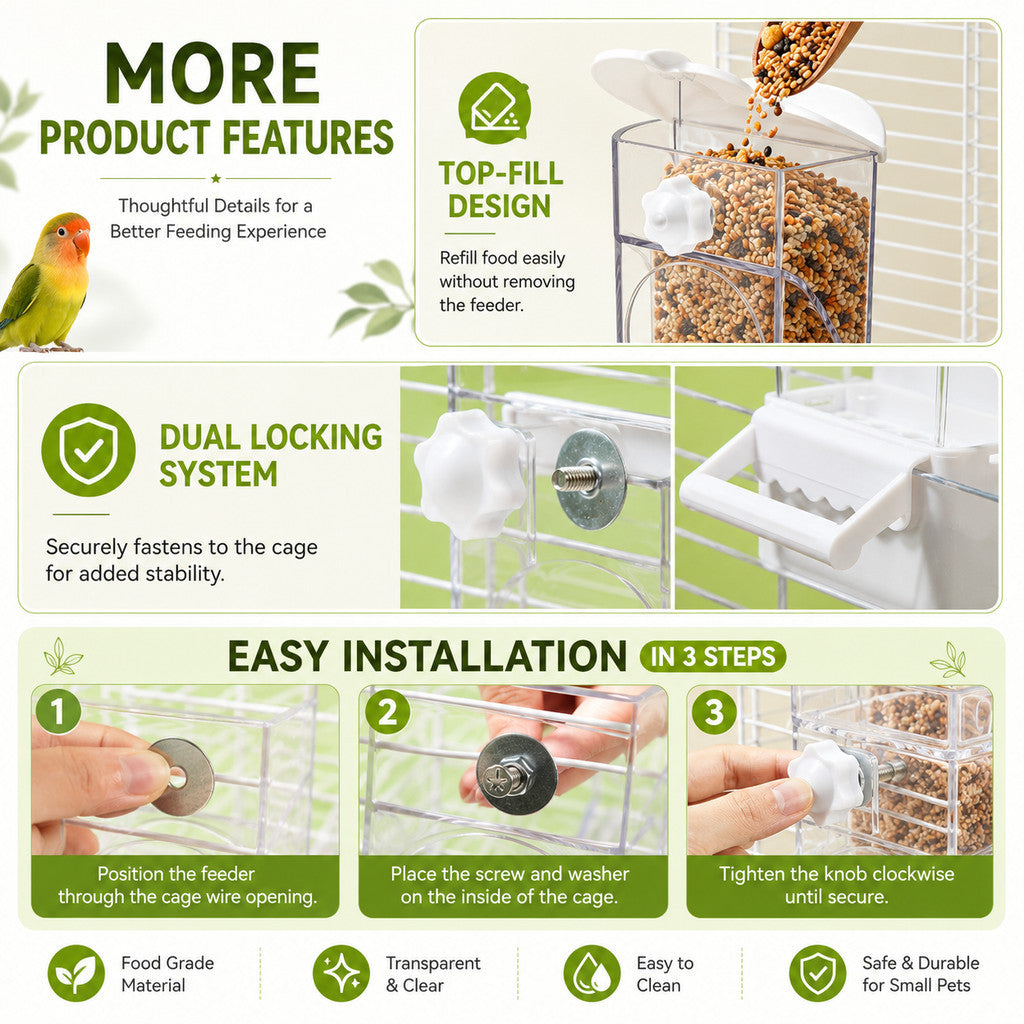 BUCATSTATE Premium Automatic Bird Feeder | Gravity Feeding | Seed Hull Catcher | Budgie Cockatiel Lovebird