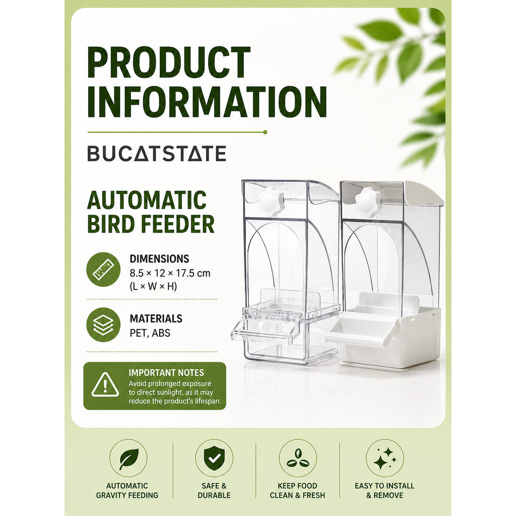 BUCATSTATE Premium Automatic Bird Feeder | Gravity Feeding | Seed Hull Catcher | Budgie Cockatiel Lovebird