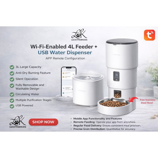 Automatic Pet Cat, Dog Feeder 4L Tuya APP Remote WIFI Stainless Steel Bowl + 5V USB Water Dispenser
