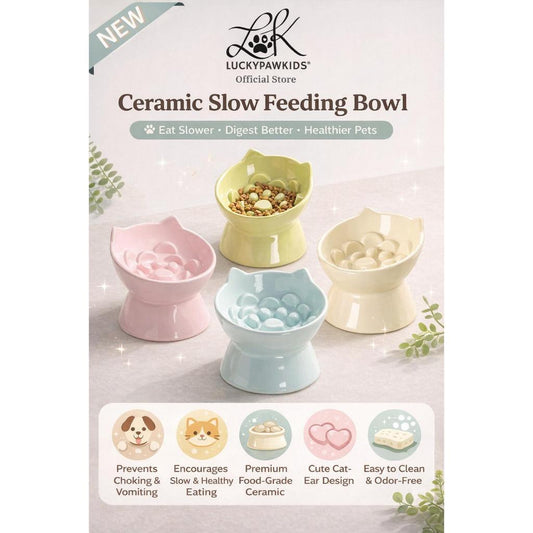 Ceramic Cat Bowl High Feet Slow Feeding Anti-Choking Neck Protection Anti-Knockover Oblique Mouth Pet Dog Bowl
